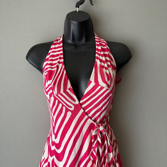 Diane von Furstenberg sz 2 pink white 100% silk midi wrap dress - Picture 2 of 10